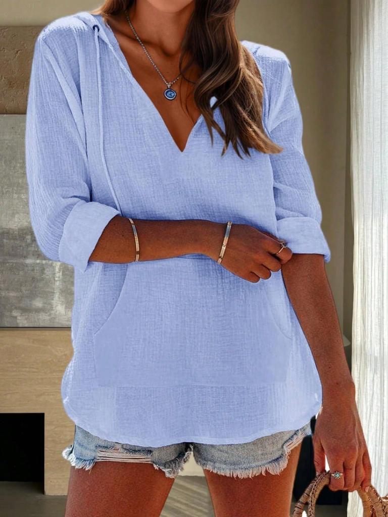Women's Beach Cover Up Hoodie Long Sleeve V Neck Pocket Hooded Sweatshirt Top