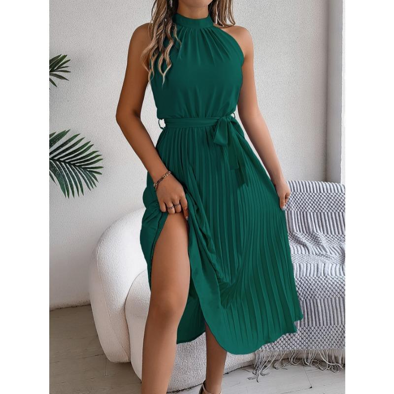Sleeveless Summer Pleated A-line Dress Casual Solid Color Loose Party Lace-up Elegant Dresses Fashion Midi Sweet Stand Collar Holiday Clothing