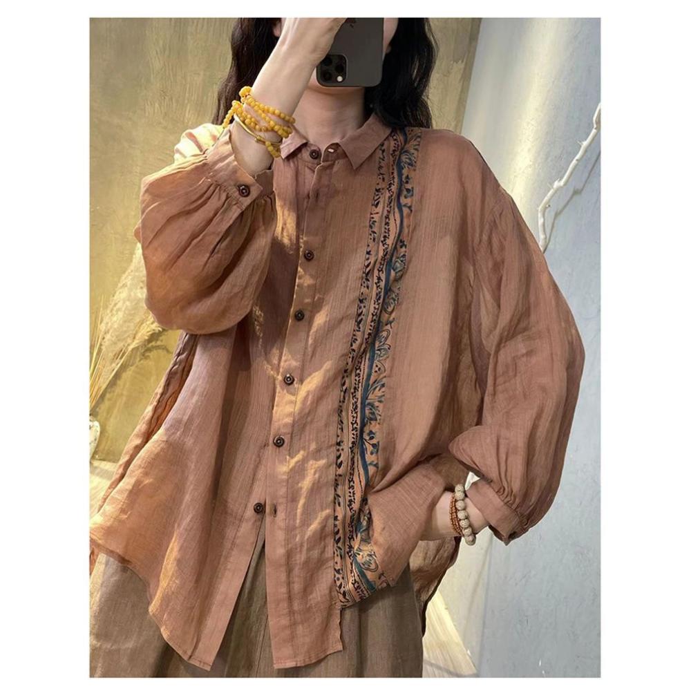 Printed Cotton and Linen Shirt Loose Elegant Casual Versatile Women Top
