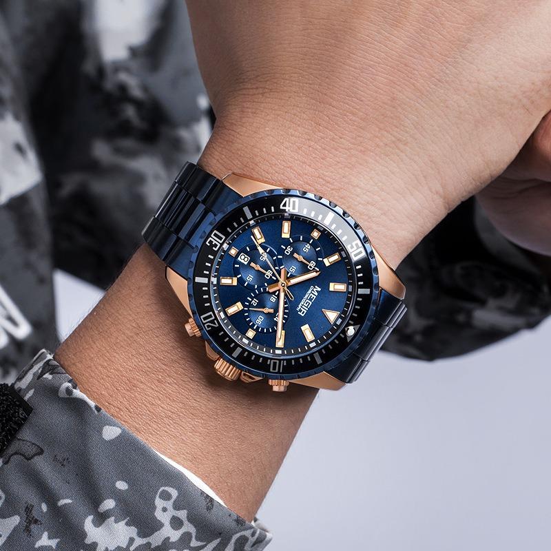 Meigel Men's Watch, Dial Chronograph Calendar Steel Belt Business Quartz Watch