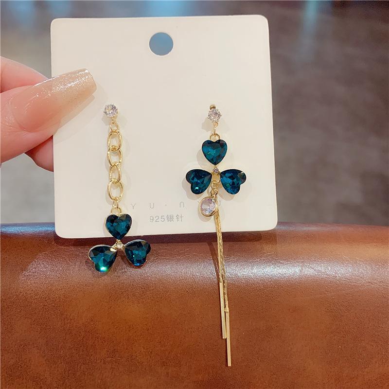 Silver needle asymmetrical earrings, temperament long fringed earrings, crystal clover stud earrings. 925 silver needle