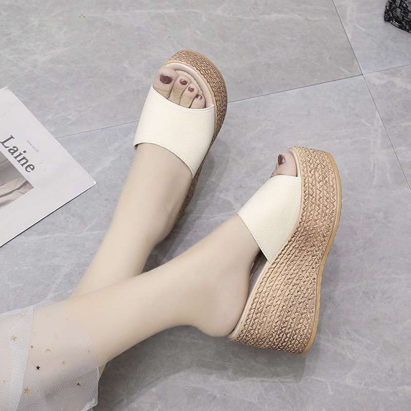 Wedge heel slippers women's summer white dress with wedding shoes high heels platform slippers women's height-increasing muffin shoes 9cm bridal shoes