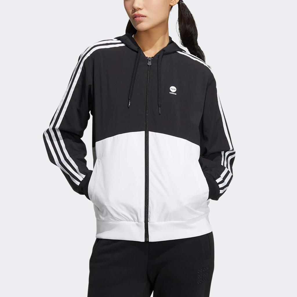 Adidas Neo Essential Woven Jacket With Spliced Design And Brand Logo Print Women Jackets Black White HM2007