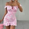 Französisches Blumiges Trägerloses High-Waist Bodycon Kurzes Lässiges Urlaubs-Kleid