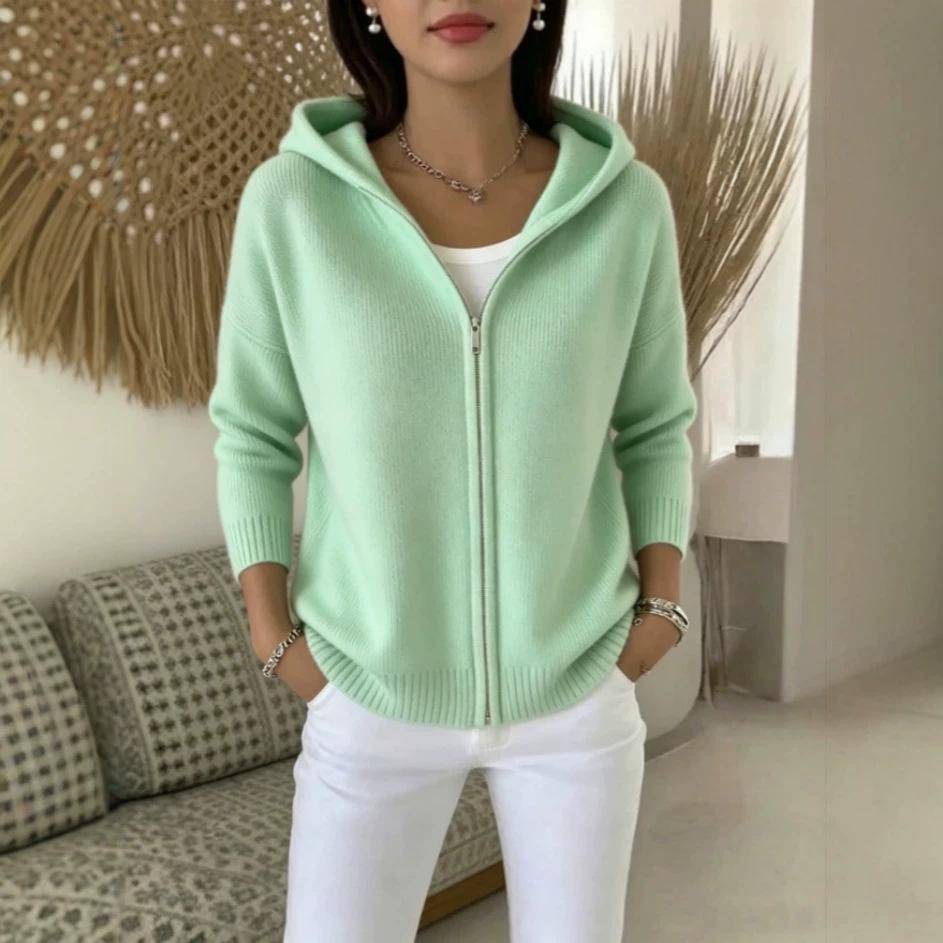 2026 Europese & Amerikaanse Dames Rits Gebreide Hoodie Vest Trui - Nieuwe Herfst/Winter Casual Effen Kleur Mode