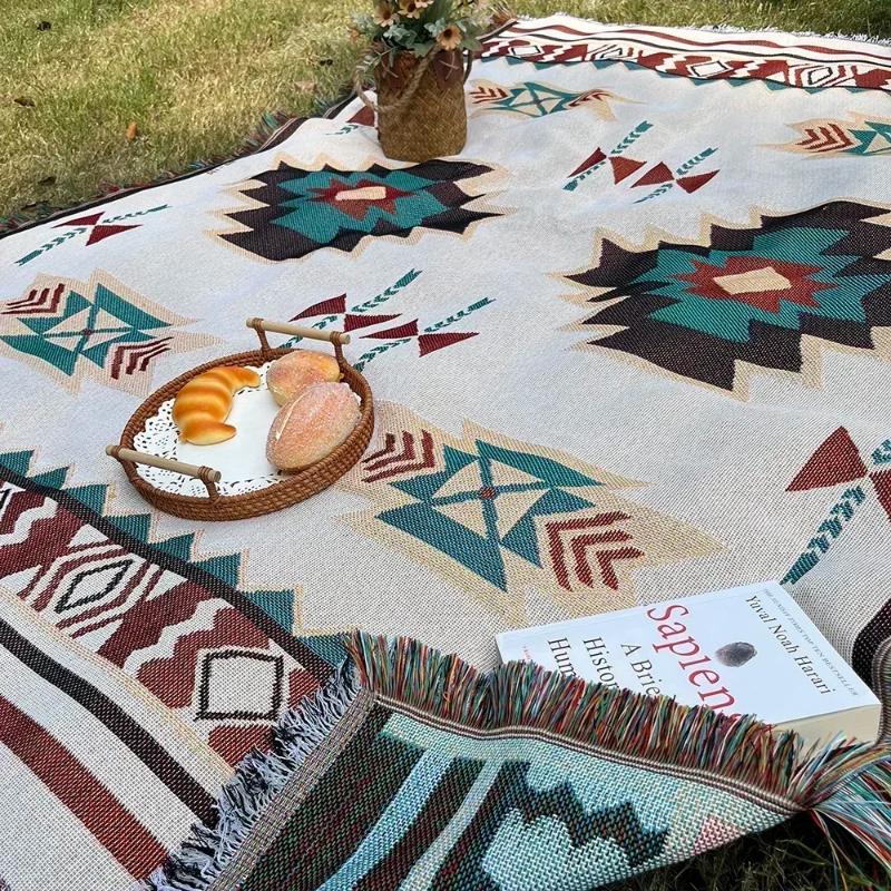 Aztec Blanket Oversized Boho Throw Blanket with Fringe, Southwestern Geometric Tapestry Vintage Woven Throw Blankets Double-Si