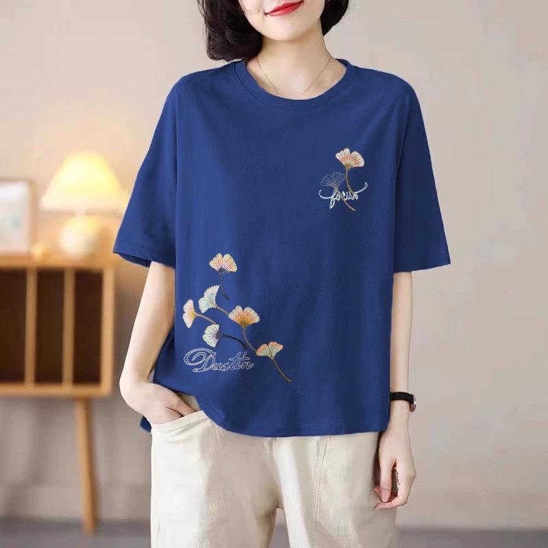 Women Ginkgo Leaf Embroidered Crew Neck Short Sleeve Loose T Shirt