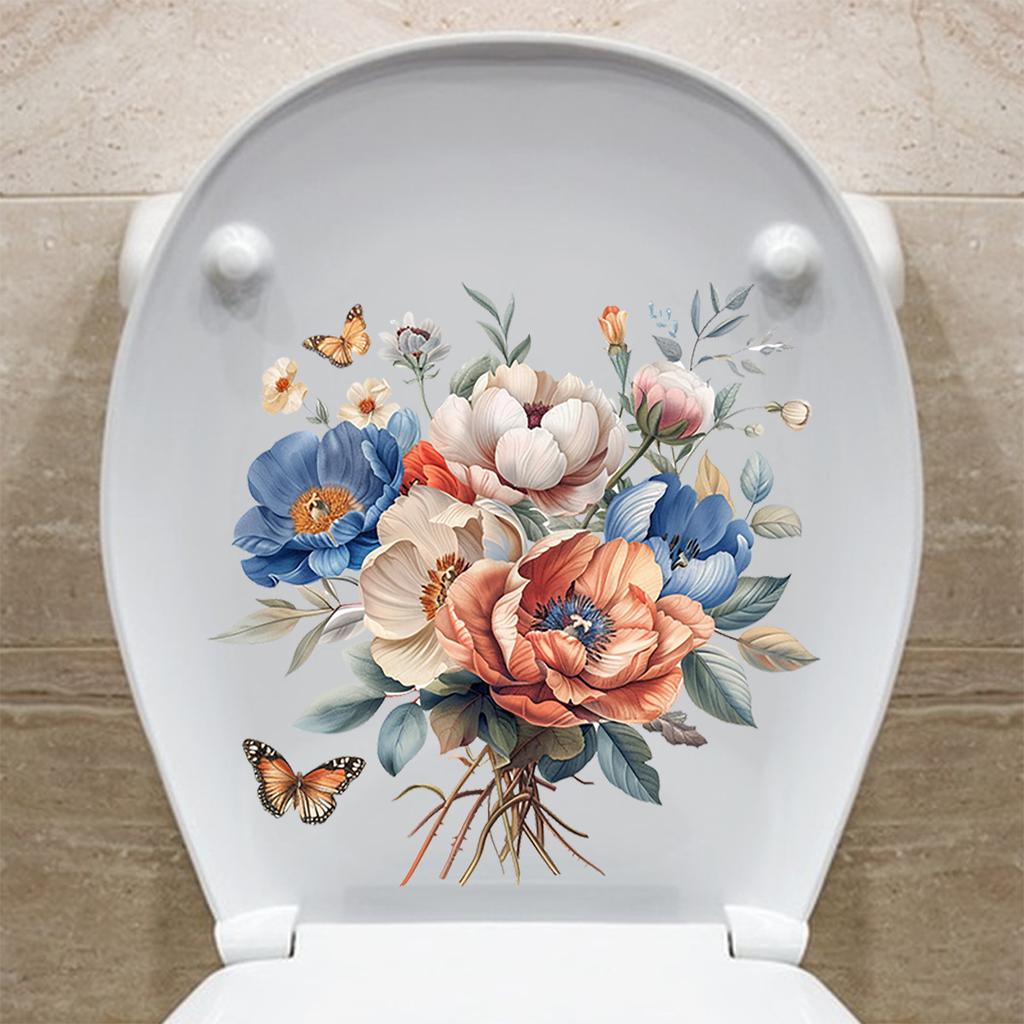 Fresh Style Floral & Butterfly Toilet Stickers, Waterproof Removable Self-Adhesive Bathroom Wall Decals