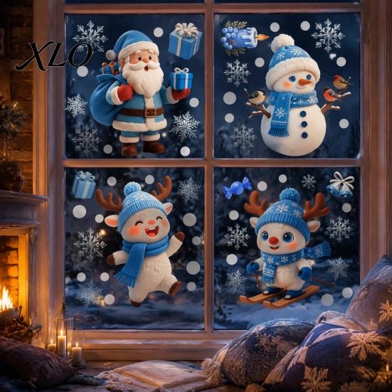 Snowflake Pattern Window Sticker Christmas Static Glass Sticker, Santa Claus Snowman Reindeer Seasonal Cling, Reusable Waterproof Decorative Decal for