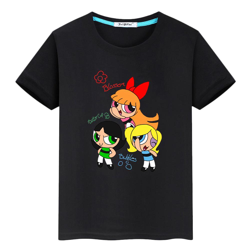 powerpuff girls print  100%Cotton Kawaii Tops anime Short pride tshirt  t shirt for kids boy 10year  y2k one piece girl clothes