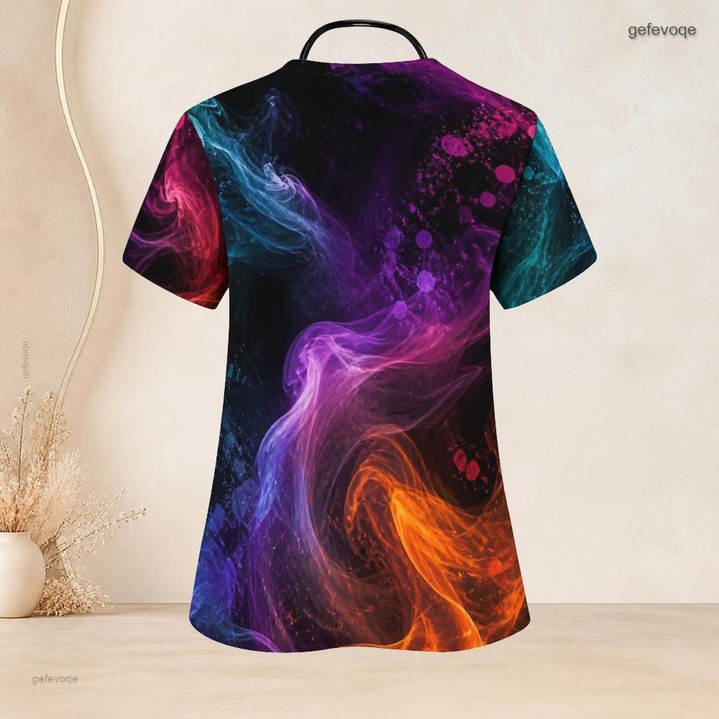Women Plus Size V Neck Short Sleeve Nebula Printed Nurse Scrub Top With Front Pockets