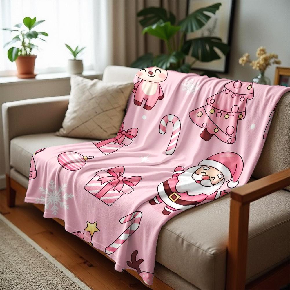 Blush Pink Santa Reindeer Cartoon Anime Print Flannel Blanket Soft Warm Throw for Kids Bedroom Sofa Christmas Office Car
