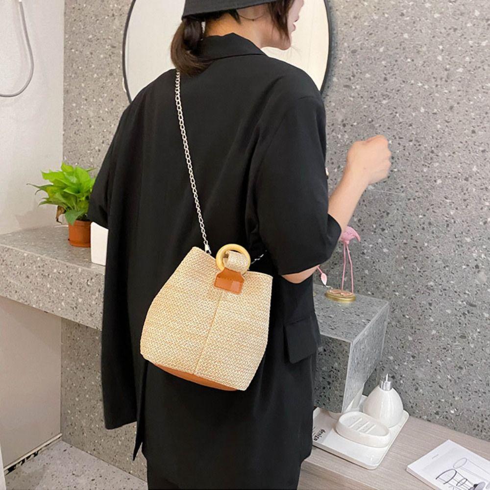 Korean Style Woven Handbag Solid Color Small Phone Bag Fashion Straw Bucket Bag  Vacation