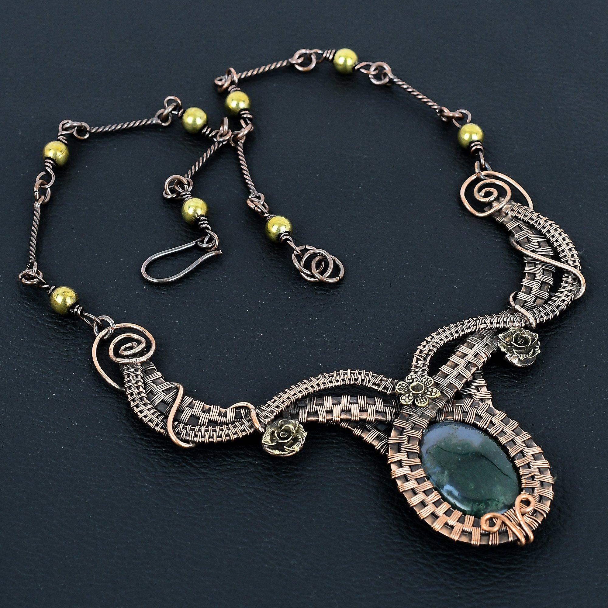 

Moss Agate Necklace, Gemstone Jewelry 999 Copper Wire Wrapped Necklace, Gift For Women Handmade Necklace