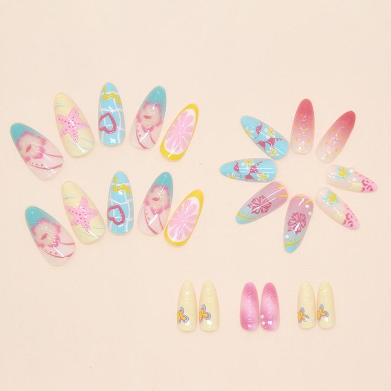 24 Piezas Uñas Postizas Almendradas Coloridas de Verano Con Flor 3D Pinturas de Playa Press On Uñas Falsas Cobertura Completa Manicura Portátil Para Mujeres