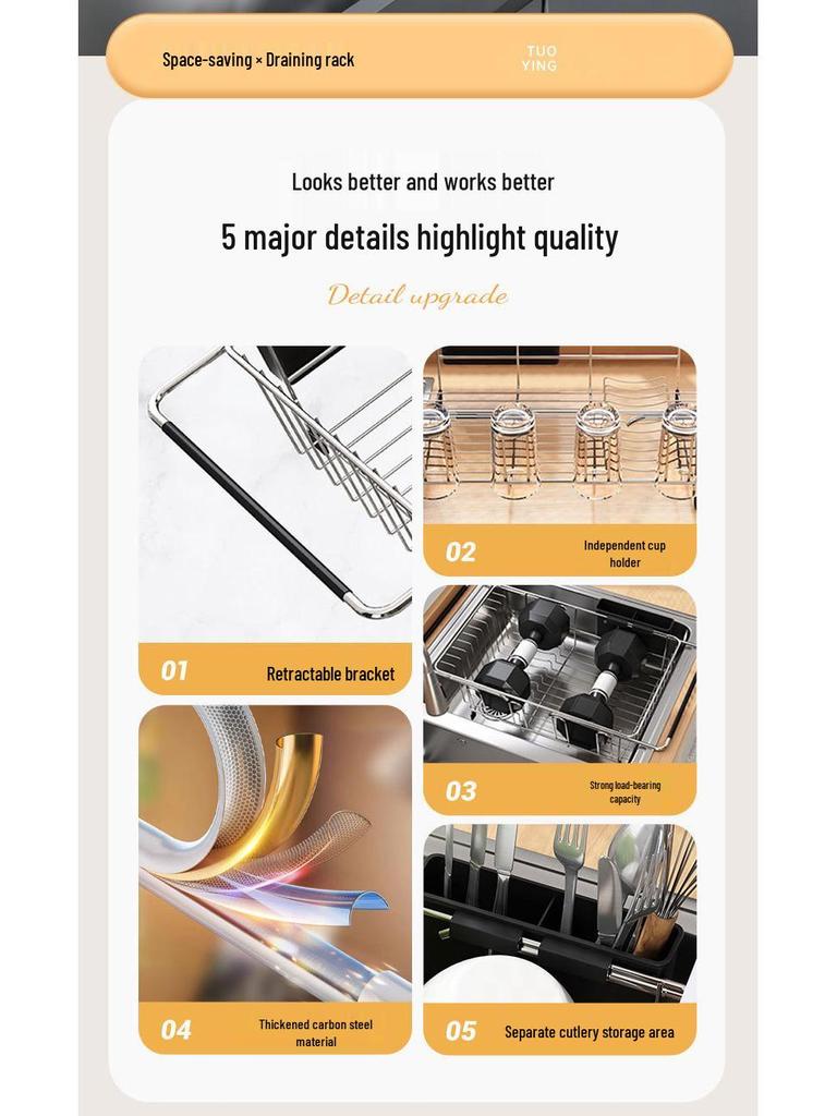 Ausziehbarer Spülbecken-Geschirrkorb mit Tassen- & Besteckhalter für Küchenarbeitsplatten