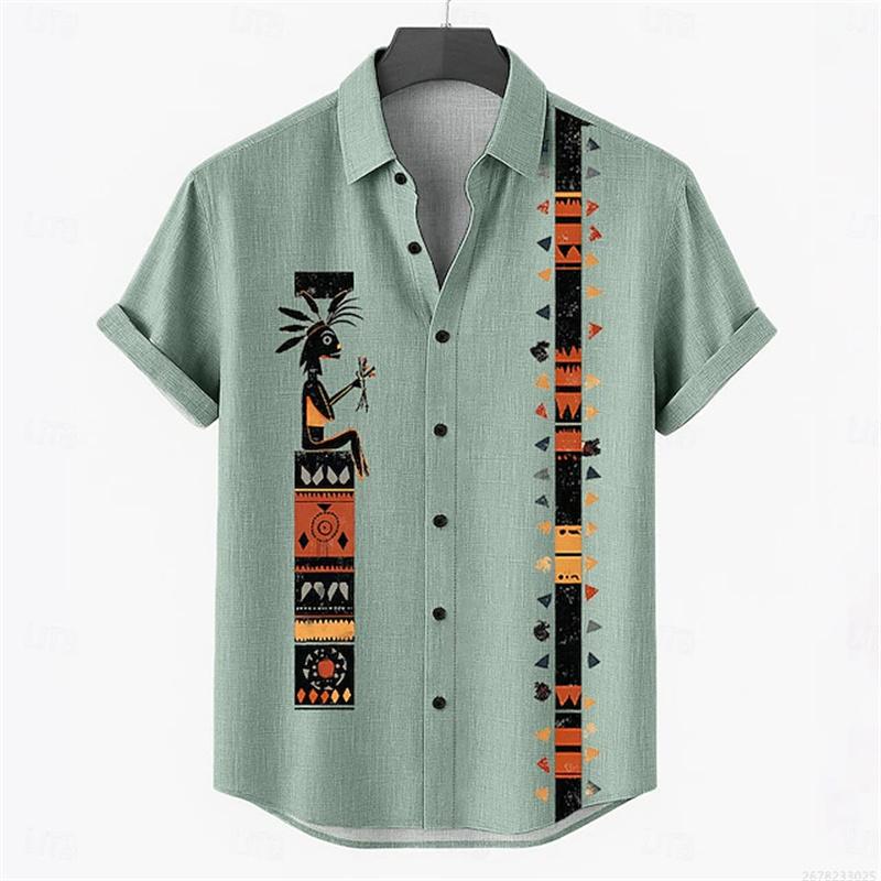 Men's Retro Style Casual Shirts Men's Tops with Tribal Prints, Short-sleeved Casual Beach Shirts, Hawaiian Style Shirts