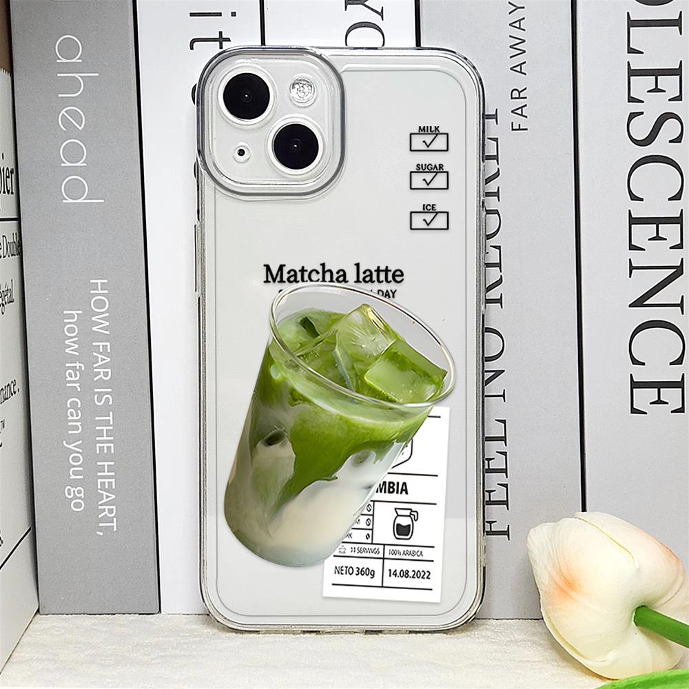

Funny Iced Coffee Phone Case for IPhone 16 15 14 12 11 Pro 13 Max Mini XR X SE4 7 8 16 Plus Cute Cartoon Matcha Milk Clear Cover For iPhone 7 8 Plus
