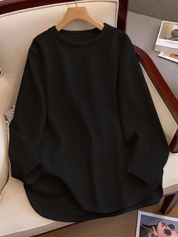 

Женская футболка с длинным рукавом и закругленным подолом средней длины для весны, осени и зимы — свободный, облегающий фасон XXL