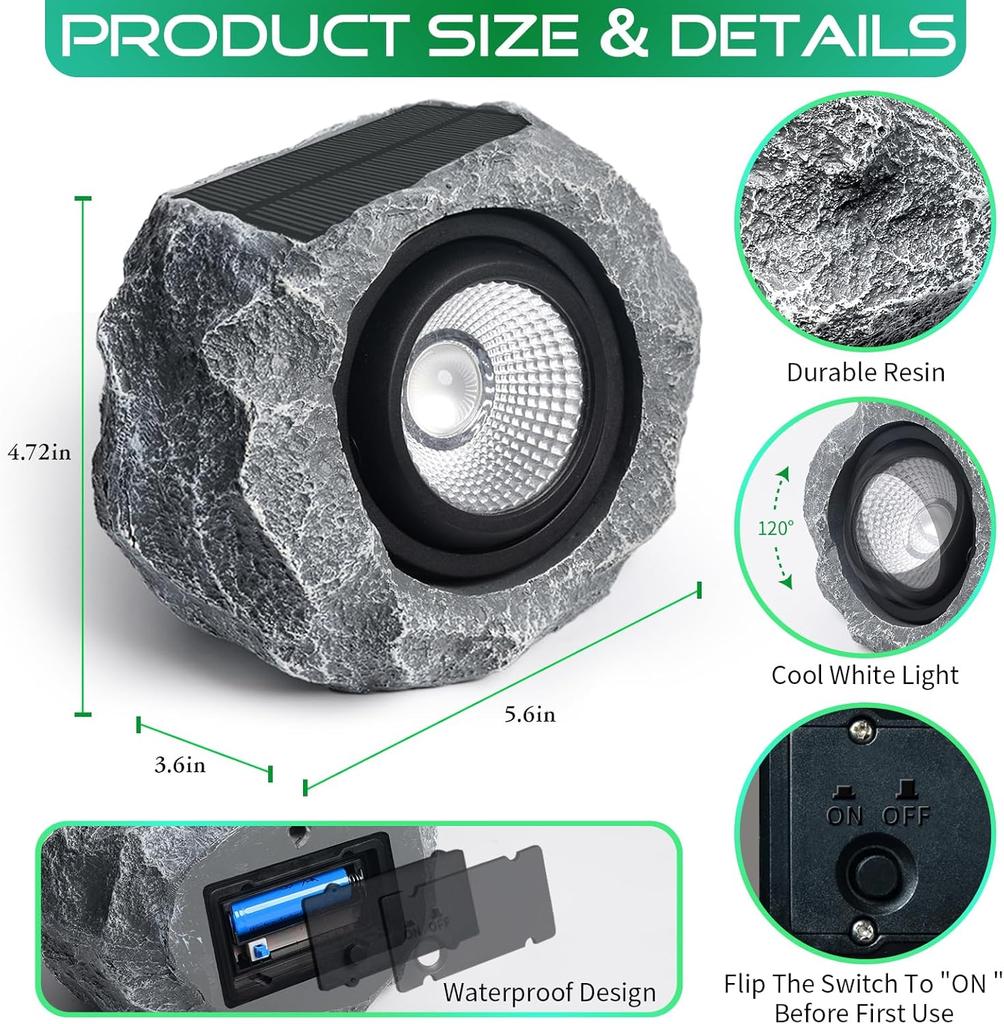 Solar Rock Lights Outdoor (2pcs), Waterproof Super Bright Garden Spotlights for Yard, Pathway, Patio - IP65