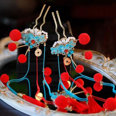 Elegant Chinese Style Ancient Hair Stick Pearl Tassel New Year Headdress Hair Comb Hair Ball Hair Chopstick Children