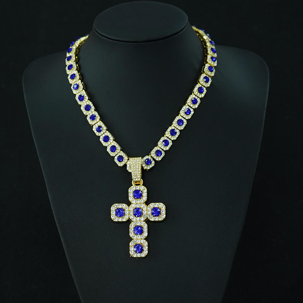 Wish Personality Big Diamond Cross With Cuban Chain Men'S And Women'S Pendant Hip Hop Rap Necklace