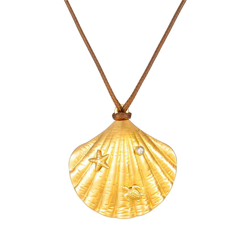 Summer Seaside Vacation Women'S Essential Accessories, Ocean Wind Shell Wax Rope Necklace, Stainless Steel Jewelry 2652