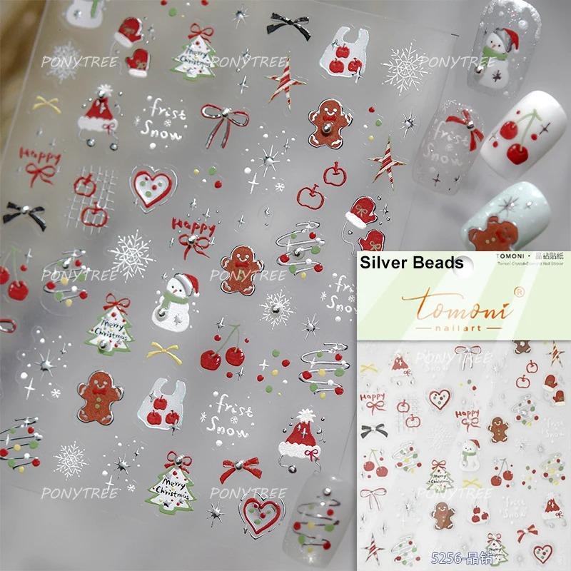 Gold Stamped Snowflake Stars White Christmas Tree Red Bowknot Cute 3D Nail Art Stickers Xmas Lovely Manicure Decals