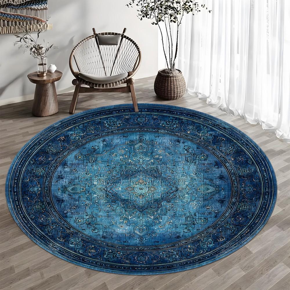 Distressed Persian Round Rug Yellow Black Ornate Medallion Holiday Floor Area Carpet for Living Room Bedroom Home Decor