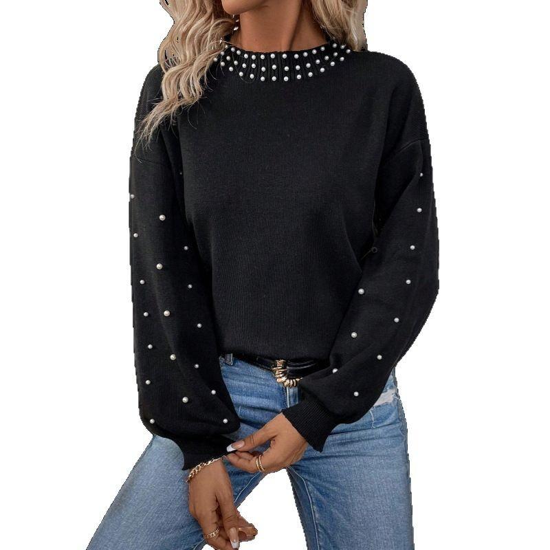 Fashion European and American Cross-border Foreign Trade Amazon Crew Neck Top Pearl Decorative Long-sleeved Knitted Jumper