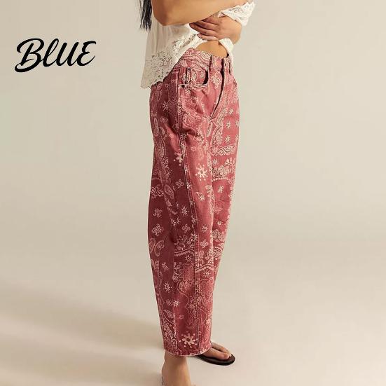 Wide-leg Denim Pants for Women Barrel Jeans Floral Print Boyfriend Baggy Casual Mid Rise Wide Leg Ankle