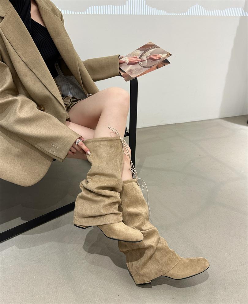 

2025 new British Spice Girls trouser boots rear lace-up high fashion boots slope heel casual boots cigarette boots 39 абрикосовый