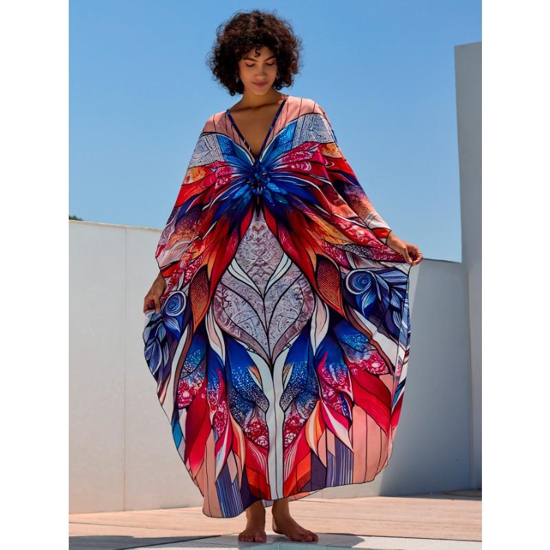 Women's Fashion Summer Spring Feather Print 3/4 Sleeves V-Neck Loose Waistline Casual Dresses
