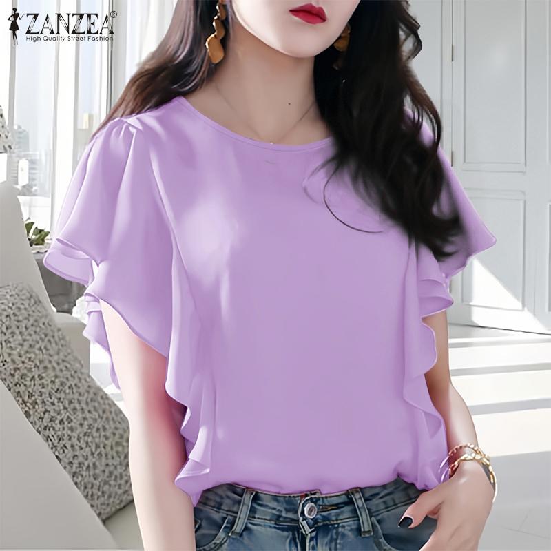 ZANZEA Women Casual Round Neck Loose Ruffles Short Sleeve Plain Blouse