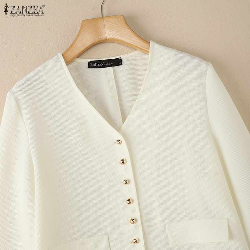 ZANZEA Blusa casual de manga 3/4 de color sólido con cuello en V para mujer