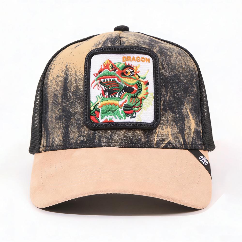 1PC Mesh Trucker Hat, Breathable, Embroidered Chinese Dragon Lion Patch, Distressed Retro Streetwear for Men Women