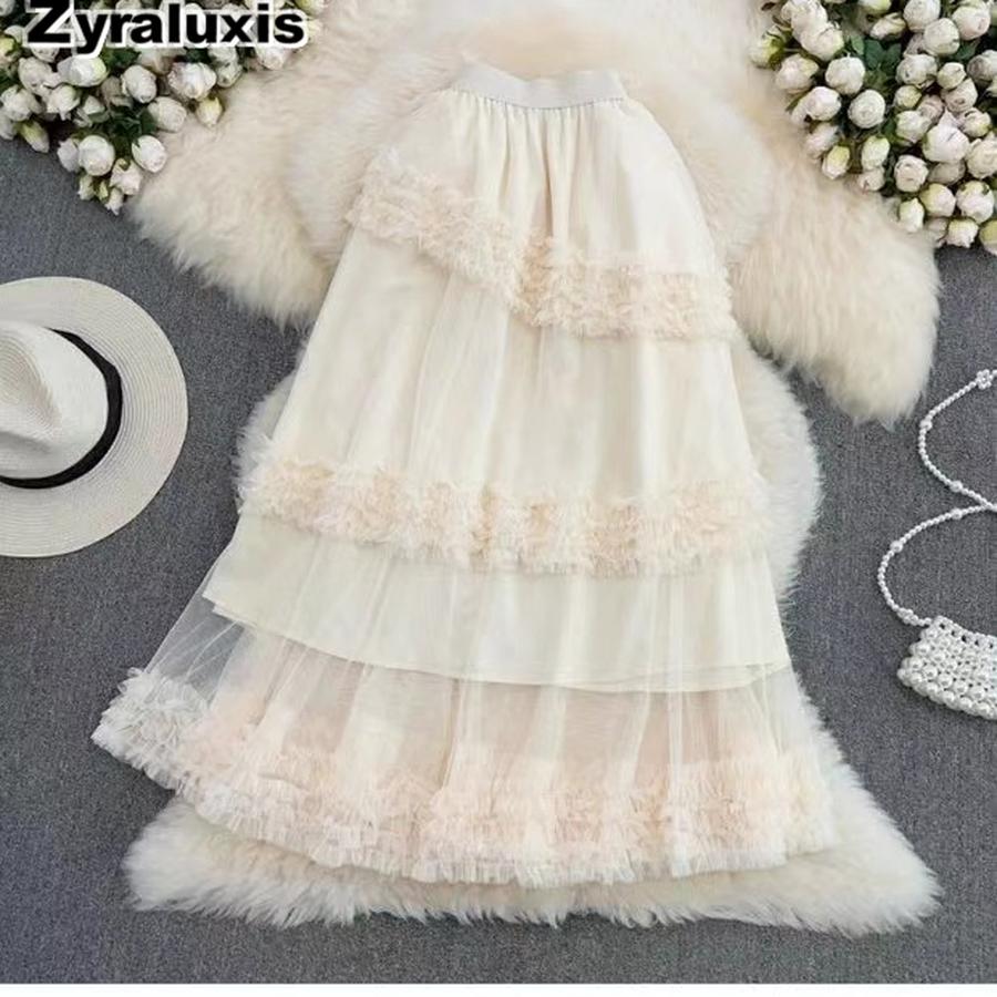 Autumn Sweet Retro Court Wood Ear Patchwork Irregular Cake Puffy Skirt Fairy Lace Mesh Half Skirt