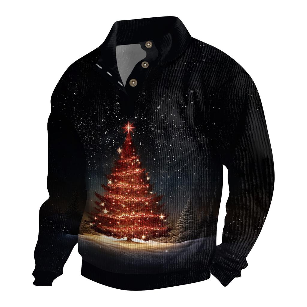 Men's Christmas Cotton Pullover Long Sleeve Outdoor Shirt Vintage Corduroy Button Stand Collar Shirt Casual Sweatshirt Christmas Print Top
