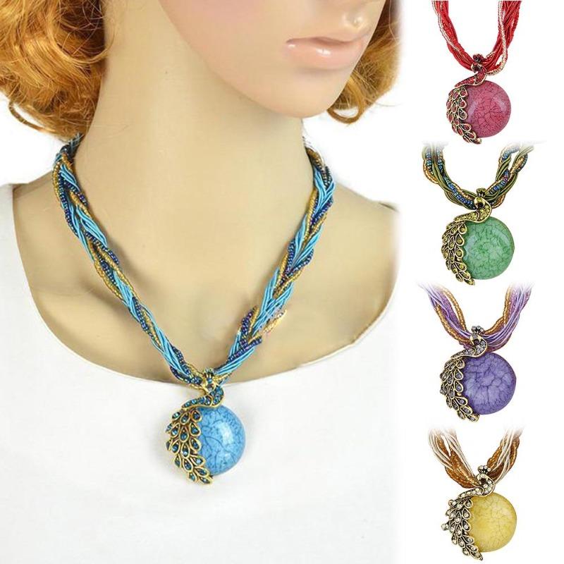 Collana con pavone, regalo con ciondolo intarsiato in opale zircone bohémien