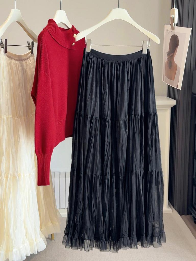 Korean-Style Loose Elastic Waist Pleated Skirt: Spring/Autumn Slim Fit, Gentle Large Hem, Long Skirt for Women