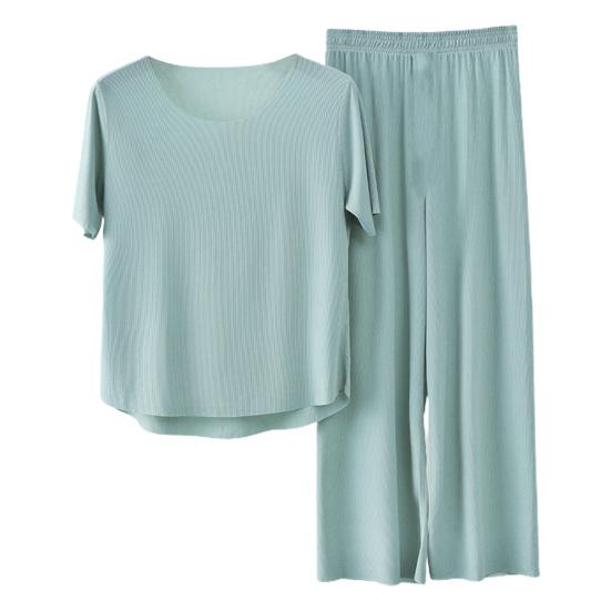 

Ice Silk Pajamas Set for Women 2 Piece Short Sleeve Crewneck T Shirts And Long Pants Pjs Sleepwear Summer Soft Loungewear Set L