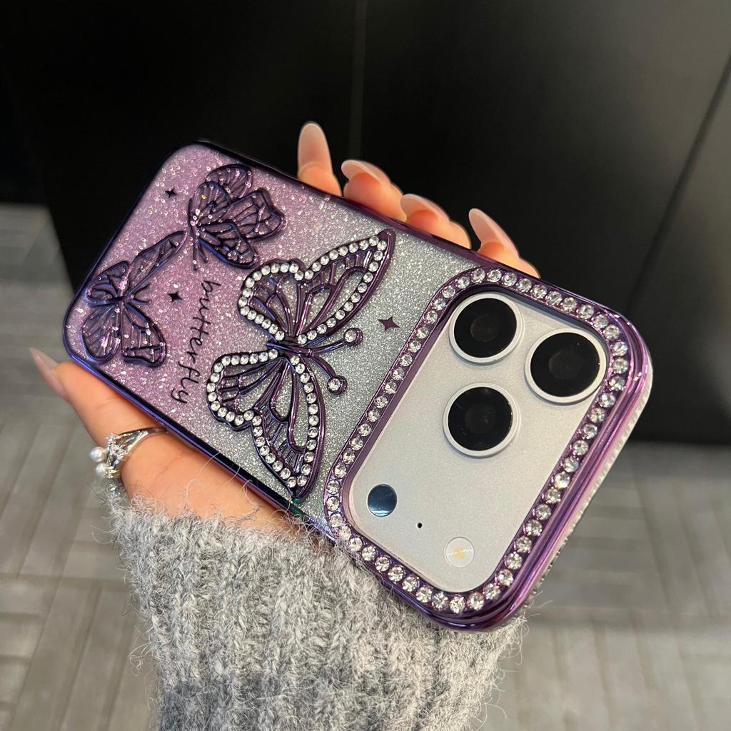 iPhone 17 Pro Max Electroplated Rhinestone 3D Butterfly Glitter Anti-Fall Case