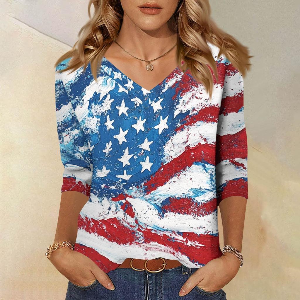Women's Tops Three-quarter Sleeve Shirt V-neck Loose Casual Shirt Floral Print T-shirt