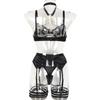 Erotic Lingerie Women's Large Mesh Hollowed Out Splicing Cross Chest Patch Metal Chain Fun Lingerie Three Piece Set