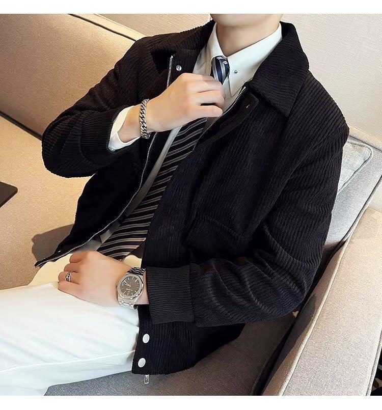Autumn Korean Trendy Men's Corduroy Jacket - Solid Color, Warm, Cool Zipper Design