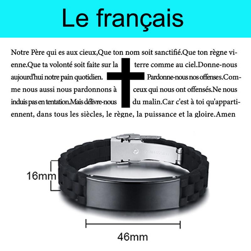 Engraved Christian Lord's Prayer Black Silicone Bracelet Men German French Hebrew Multi Language Brazalets