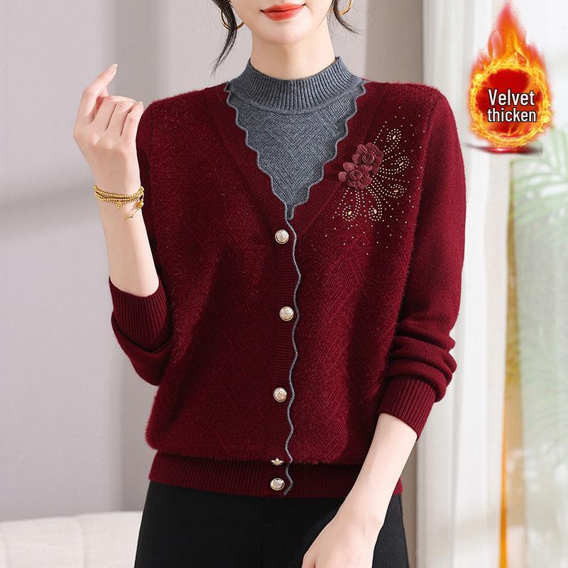 

Velvet National Style Half-High Collar Sweater for Middle-Aged Women - Warm, Thickened Base Layer for Autumn/Winter 3XL (Recommended for 60-65 kg)