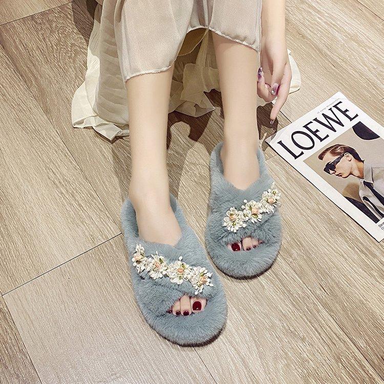 Flower thick-soled fluffy slippers women's 2025 autumn and winter new plush warm home cross cotton mop