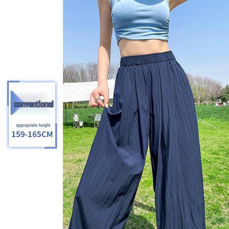 Women's Navy Blue Ice Silk Wide-Leg Pants: High-Waisted, Lightweight, Sun-Protective, Casual Trousers.