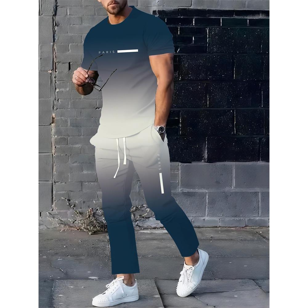 New Summer Men's Sports Suit Men's Round Neck Splicing Printed Short-sleeved T-shirt Loose Pants Two-piece Set Streetwear
